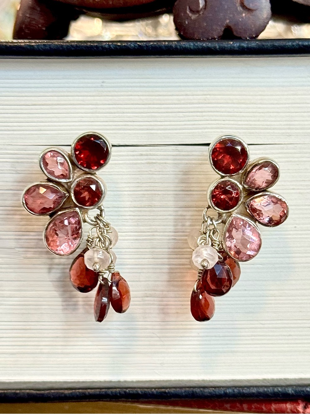 Vtg SAJEN Tourmaline & Garnet Sterling Silver Cluster Drop Earrings